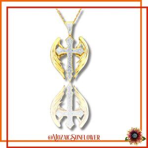 Gothic Crystal Encrusted Cross Golden Angel Wings Necklace NWT